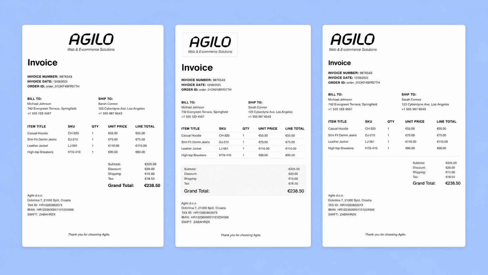 Invoice PDF templates preview showing all three template styles