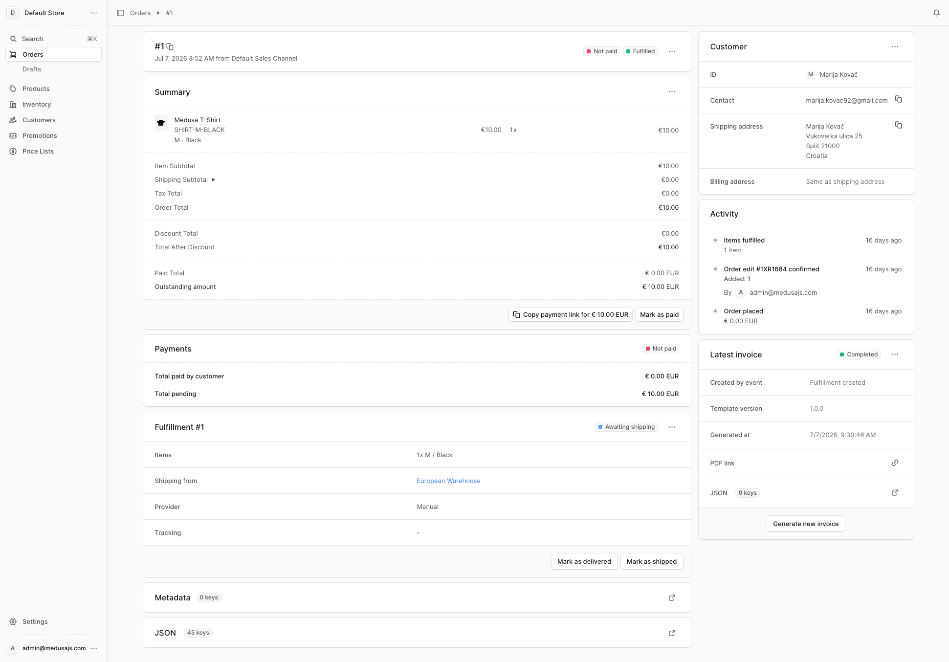 Medusa Admin order view showing invoice status and download option