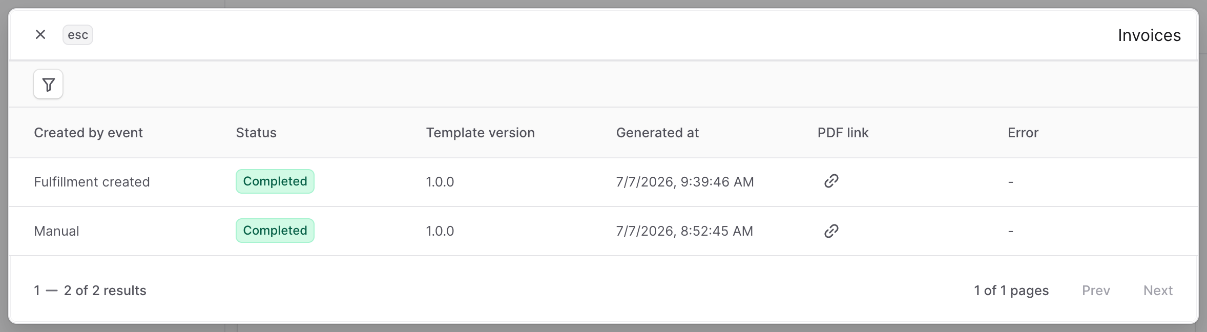 Invoices modal listing all generated invoices with status and actions