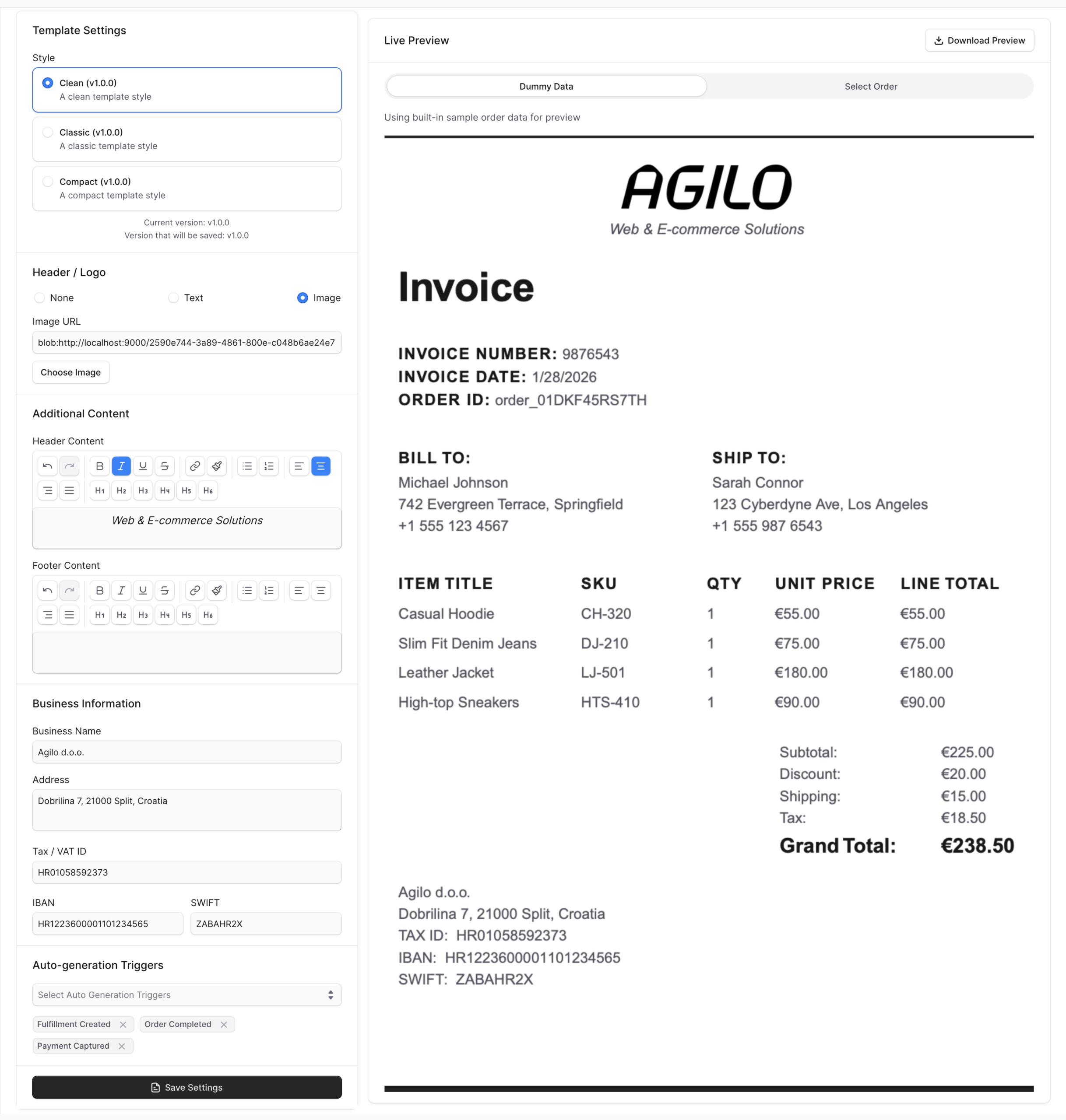Medusa Invoices Plugin full settings page in Medusa Admin